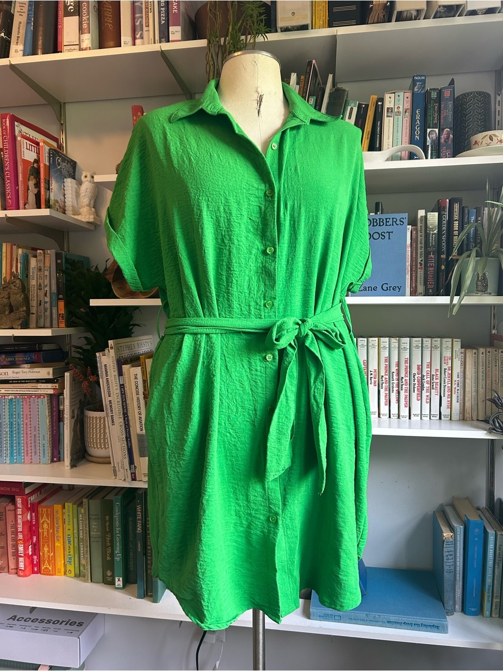 Bright Green Shirt Dress with Tie Waist